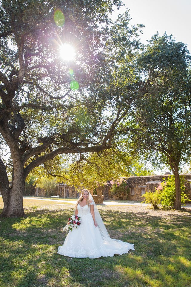 KR Bridal session at Mission San Jose bride in trees sunlight
