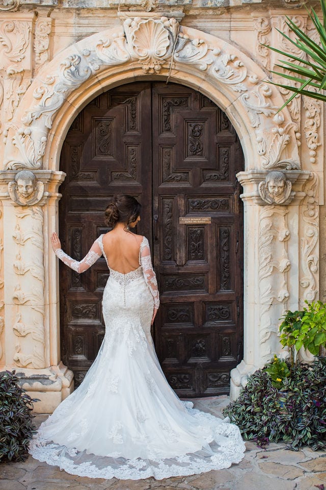 Baleigh Bridal Mission San Jose, San Antonio back of gown at doors
