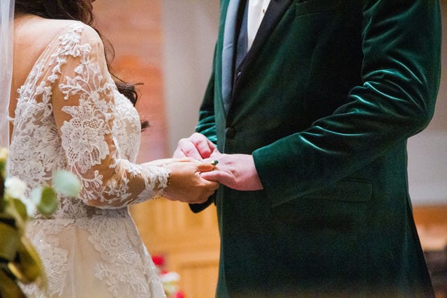 Bride's ring exchange groom San Antonio wedding at St Mark's Wedding