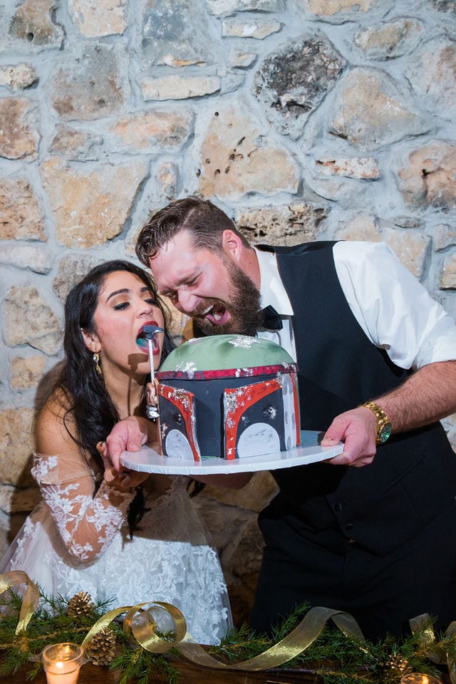 Richards wedding grooms cake biting at Canyon Springs reception