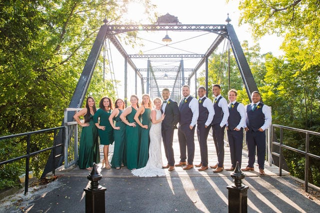 Bridal party on the bridge at Milltown New Braunfels Wedding