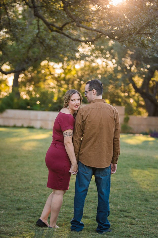 Weber couple at San Antonio Botanical Gardens under the trees