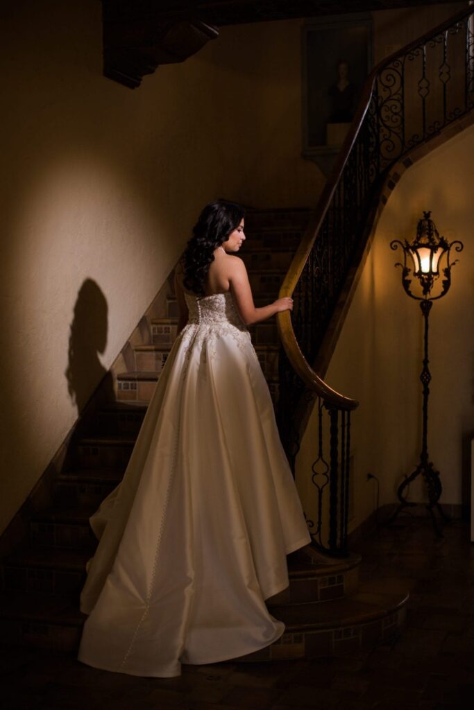 Bridal portrait on Stairs, Camille at McNay Art Museum