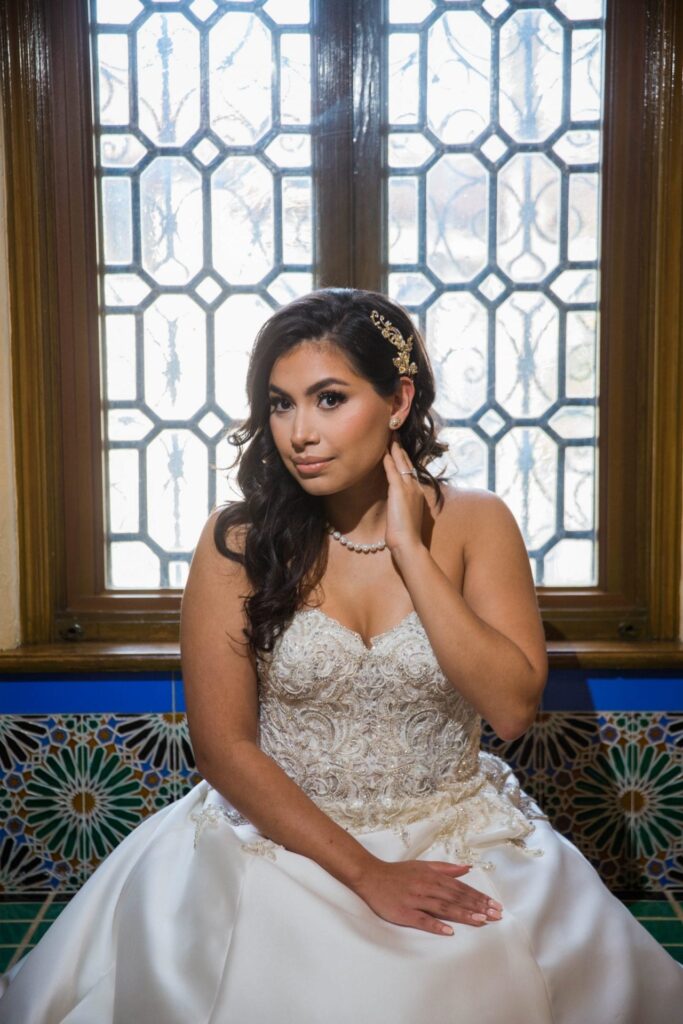 Bridal portrait window seat, Camille at McNay Art Museum