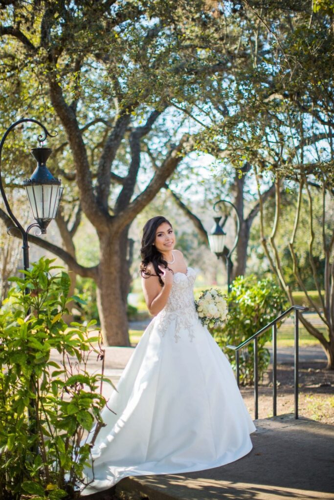 Bridal portrait on walkway, Camille at McNay Art Museum