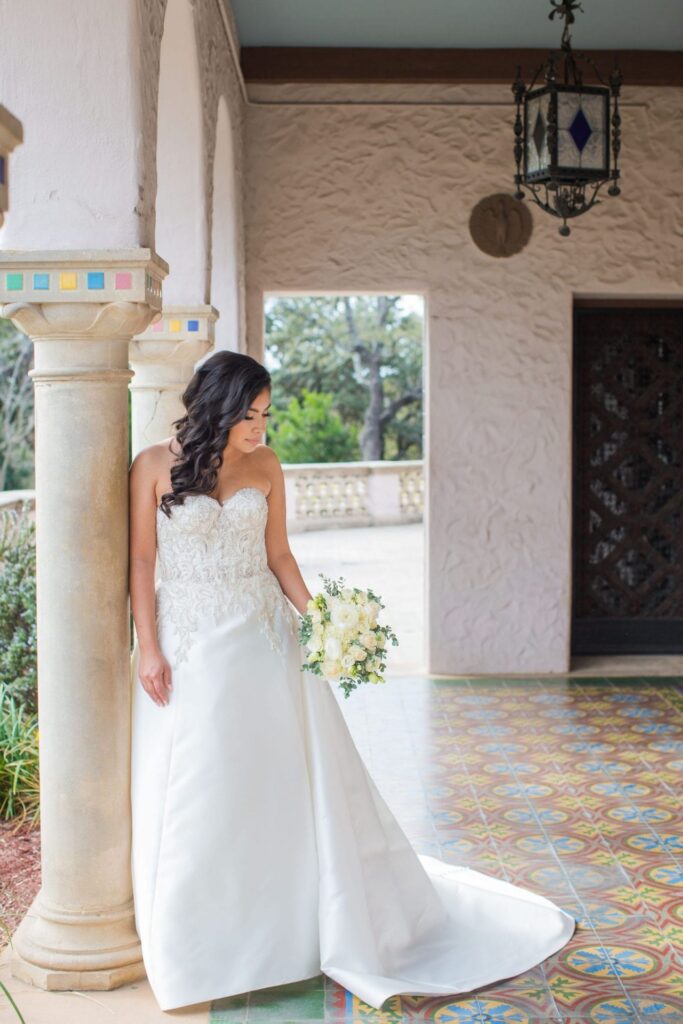 Close up bridal portrait on patio, Camille at McNay Art Museum