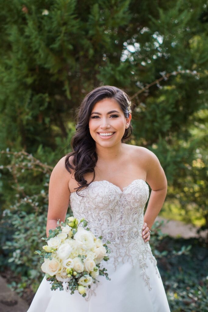Bridal portrait in garden close up, Camille at McNay Art Museum