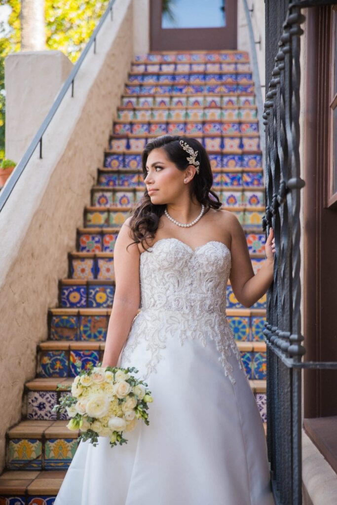 Bridal portrait close up on tile stairs, Camille at McNay Art Museum