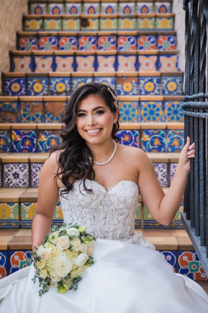 Bridal portrait close up on tile stairs, Camille at McNay Art Museum