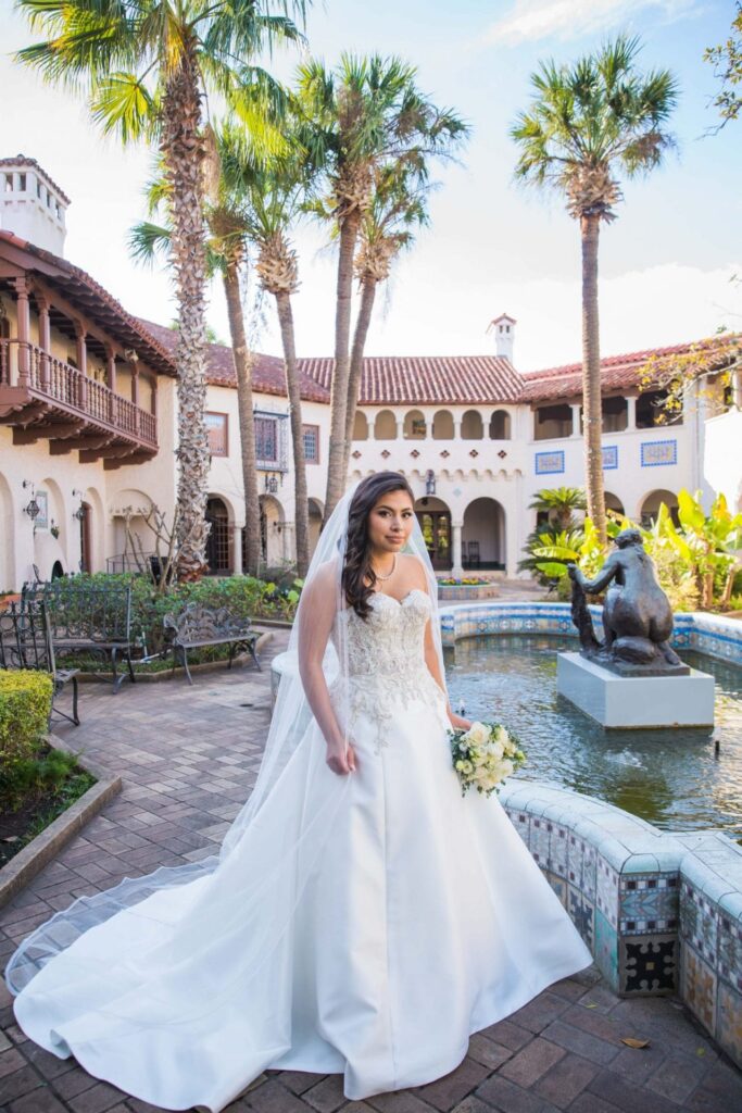 Bridal portrait courtyard, Camille at McNay Art Museum