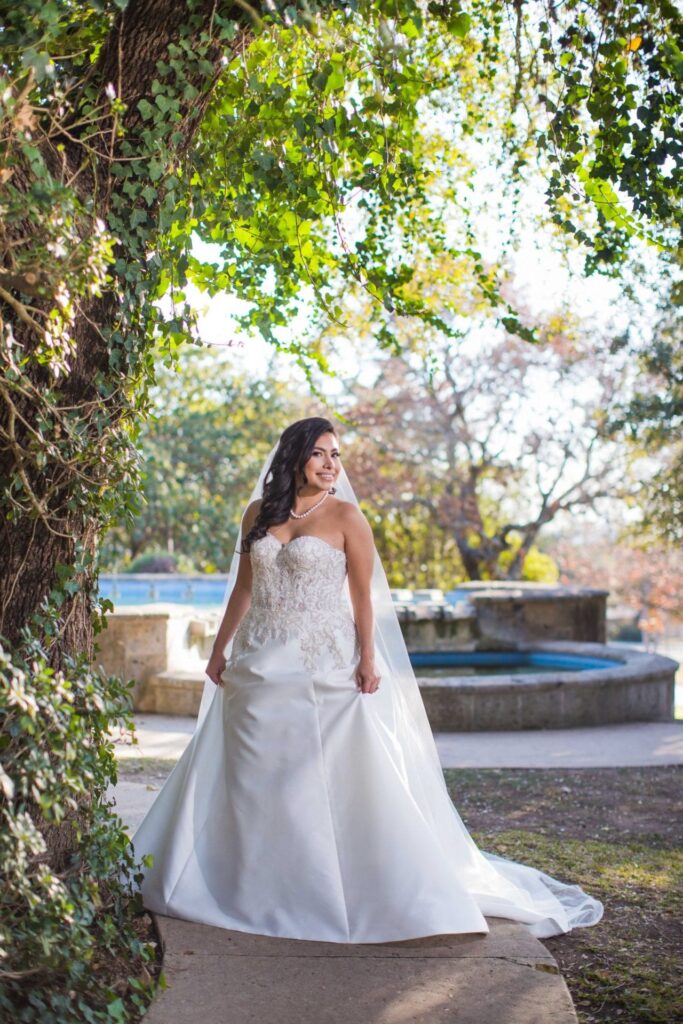 Bridal portrait side fountain, Camille at McNay Art Museum