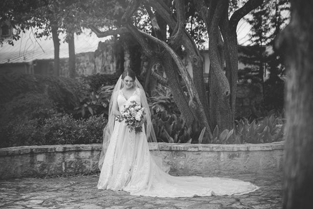 Erin black and white bridal portrait by the tree at Southwest School of art San Antonio