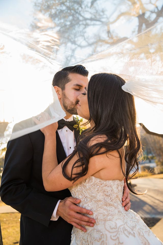 Camille and DJ's under the veil kiss portrait at the McNay