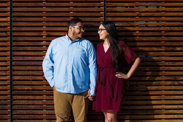 Bethany engagement at Confluence park on wooden wall