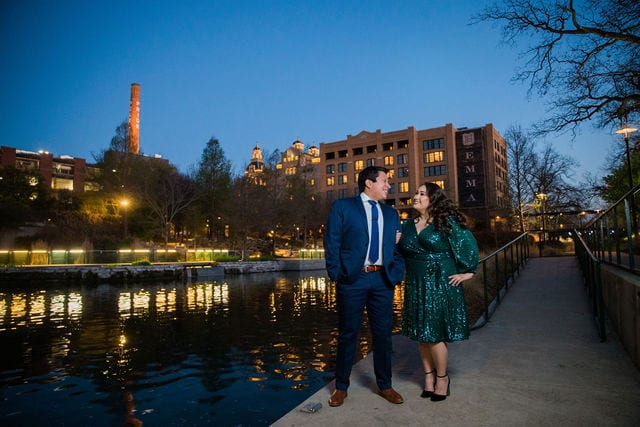 Chloe and Matt's engagement in front of Hotel Emma night portrait