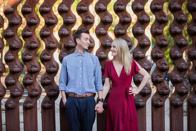 Emily's San Antonio engagement at the Pearl courtyard sculpture