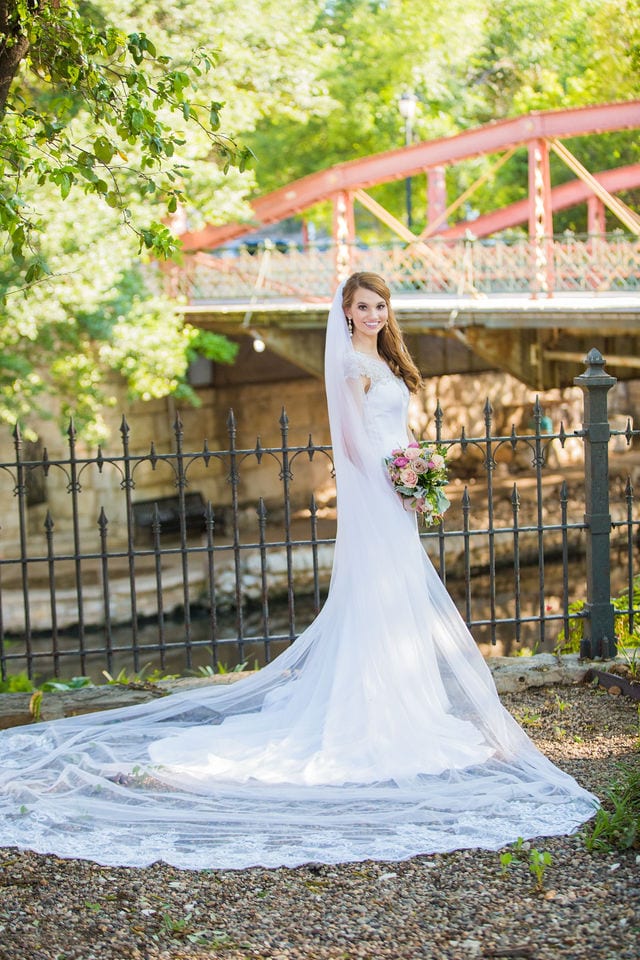Olivia bridal at southwest school of Art bride in front of the bridge