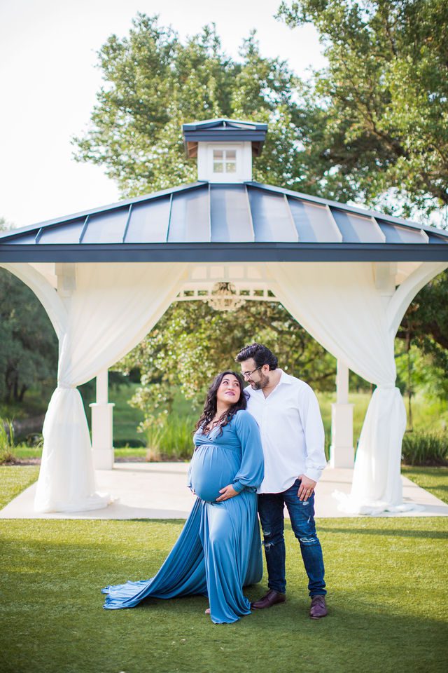 Emilia maternity session Kendall Pointe by the gazebo with John and chandelier
