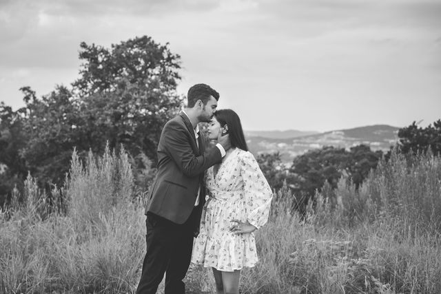 Rishi and Sahis San Antonio proposal on top of the hill black and white