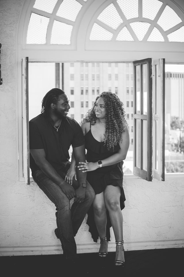 Dominic engagement session at St Anthony on the rooftop black and white