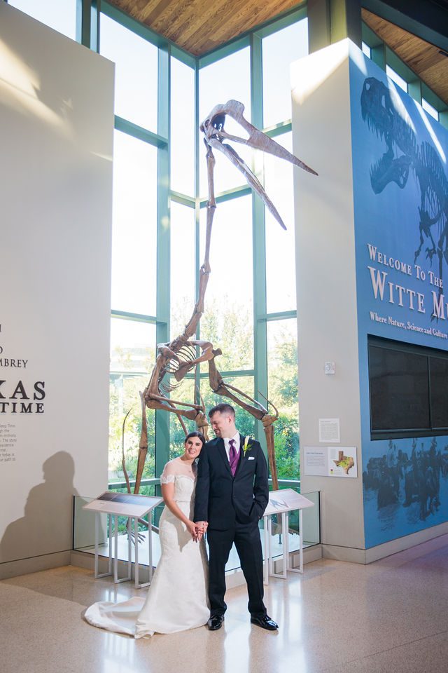 Rebecca Wedding Witte couple portrait with the pterodactyl