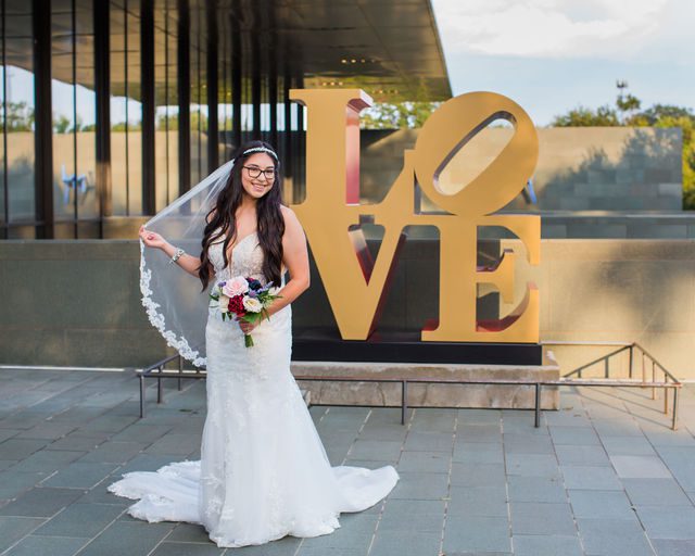 Bethany's bridal portrait at the McNay with the LOVE sign
