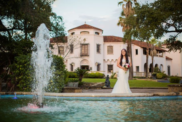Bethany's bridal portrait the McNay behind the fountain