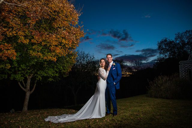 Ann and Jud, Kendall Inn in Boerne dramatic sunset wedding portrait