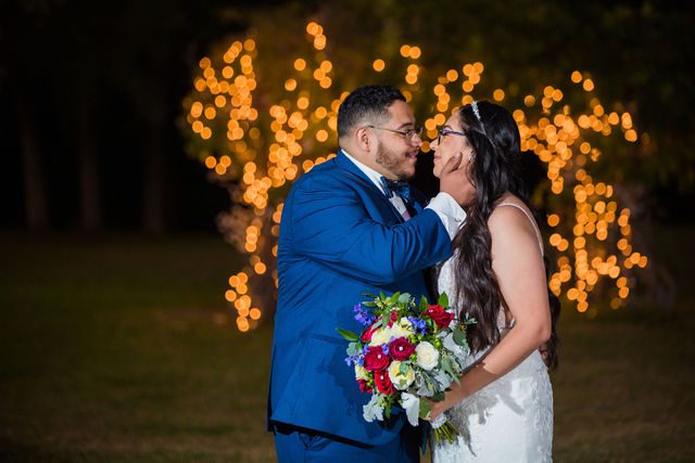 Bethany and David wedding portrait in the lights at Los Encinos