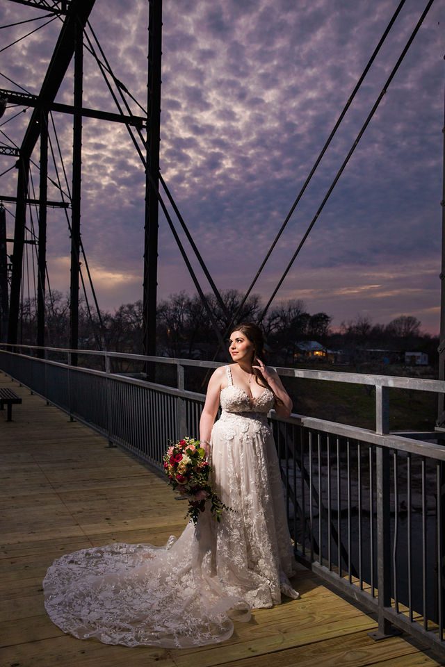 Meagan Bridal at sunset on the Faust st bridge New Braunfels up