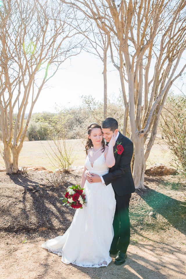 Allison wedding at Hofmann Ranch bride and groom portrait under the tree