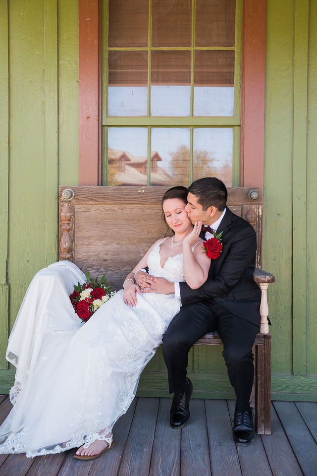 Allison wedding at Hofmann Ranch bride and groom portrait front porch