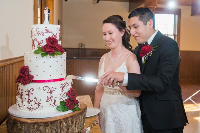 Allison wedding at Hofmann Ranch reception wedding cake cutting