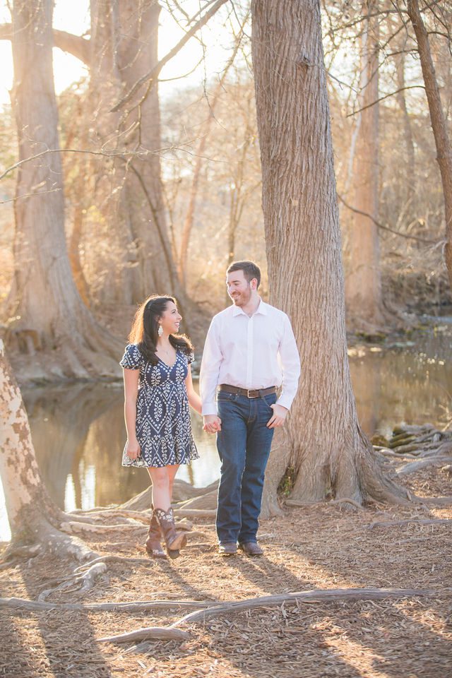 Bethany and Adam engagement Cibolo Natural Area walking by the river
