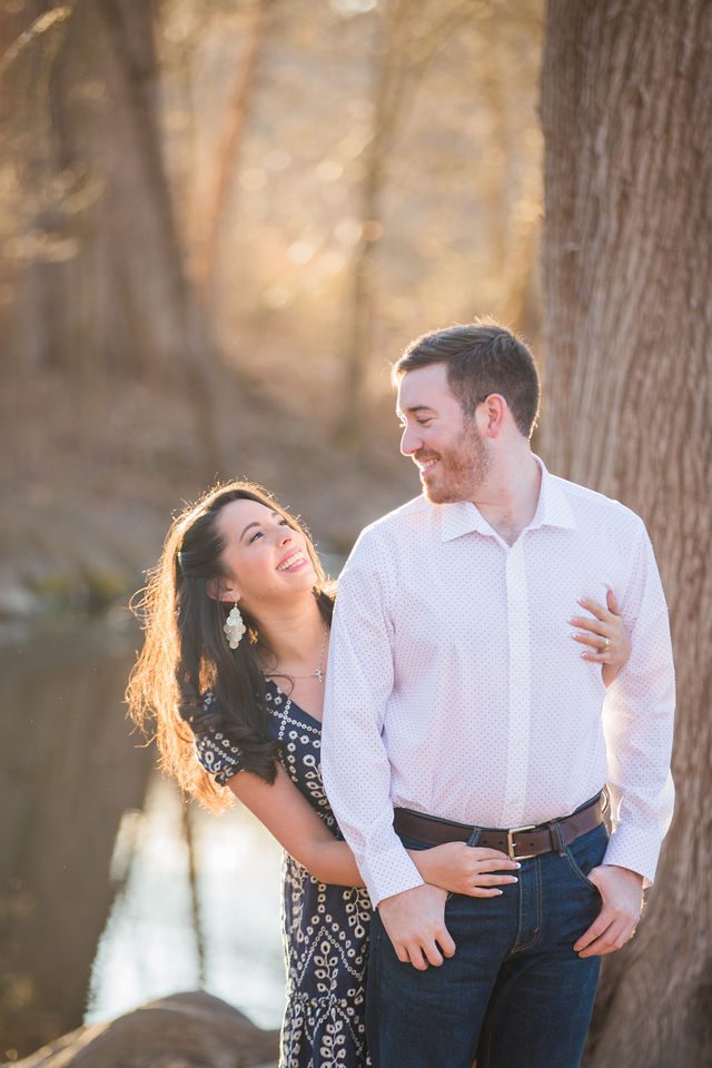 Bethany and Adam engagement Cibolo Natural Area hugging by the river