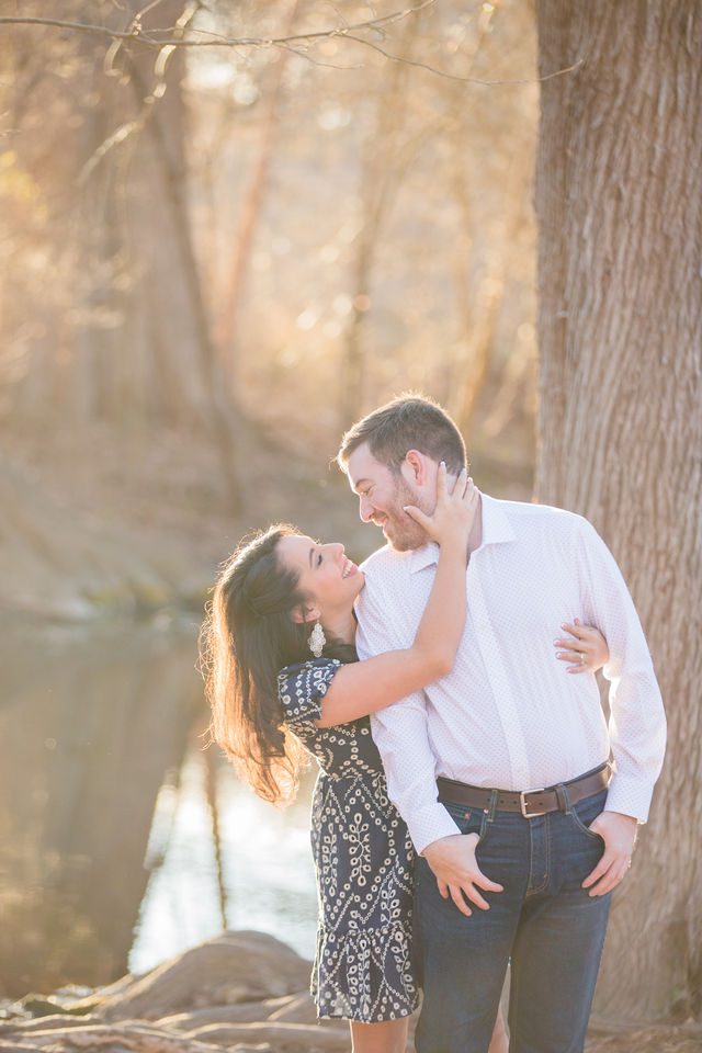 Bethany and Adam engagement Cibolo Natural Area by the river golden light