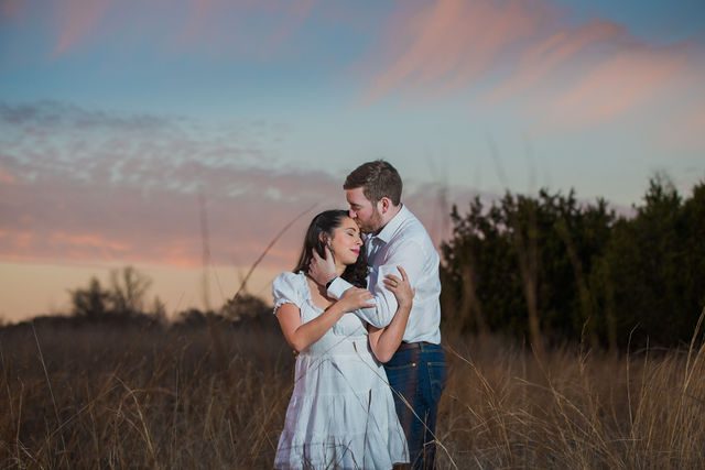 Bethany and Adam engagement at Cibolo Natural Area in the sunset blush