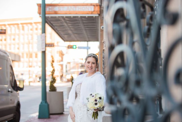 Bonnie's Bridal at the St Anthony Hote on the sidewalk with iron