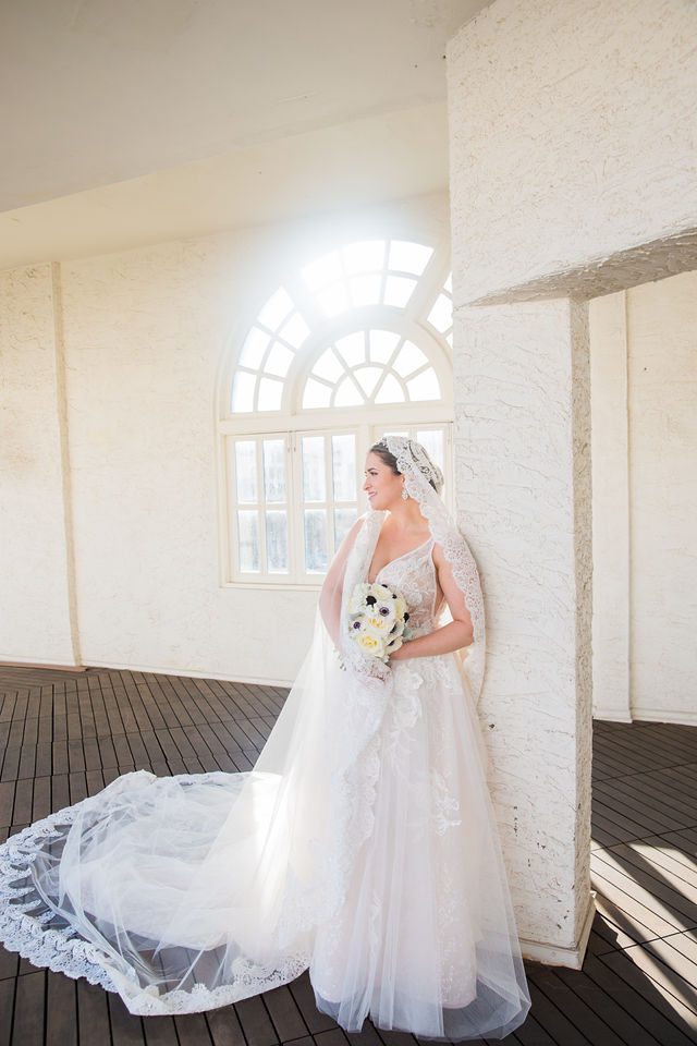 Bonnie's Bridal at the St Anthony Hotel on the rooftop with veil full length in the window