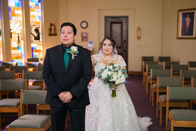 Chloe's San Antonio wedding first look at St. Dominic's Catholic Church