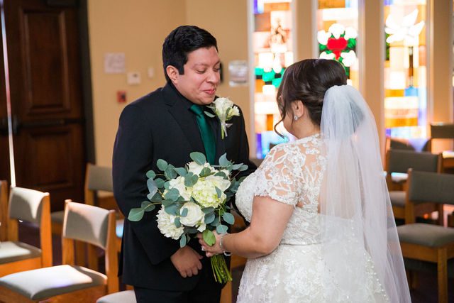 Chloe's San Antonio wedding first look at St. Dominic's Catholic Church crying