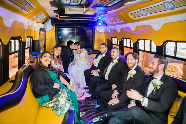 Chloe's San Antonio wedding bridal party on the bus