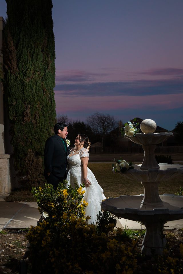 Chloe's San Antonio wedding reception at Las Fuentes sunset by the fountain