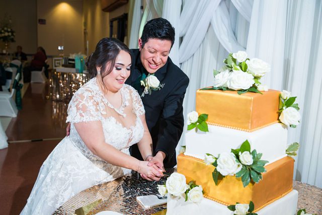 Chloe's San Antonio wedding reception at Las Fuentes cake cutting