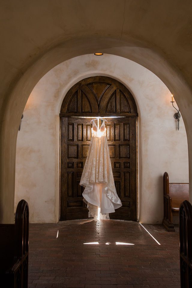 Deborah's Lost Mission wedding bridal gown at the church doors