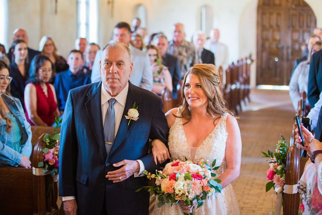 Deborah's Lost Mission wedding bride and father on the aisle handoff