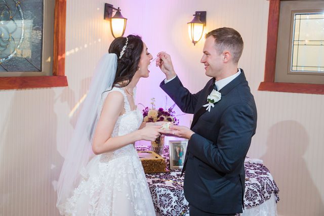 Graysen wedding ceremony in Comfort reception cake feeding