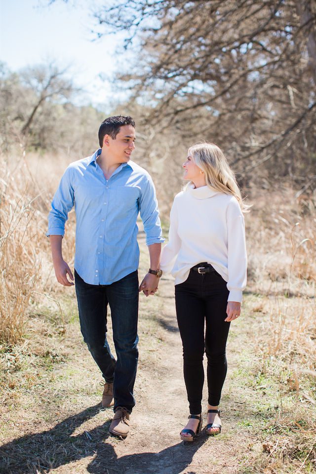 Heath's Engagement session Cibolo Natural Area walking on the path