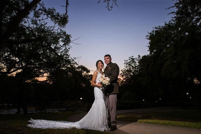 Kylee's wedding at the McNay reception portrait at sunset