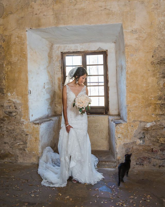 Kylee's bridal at Mission San Jose bride with the cat